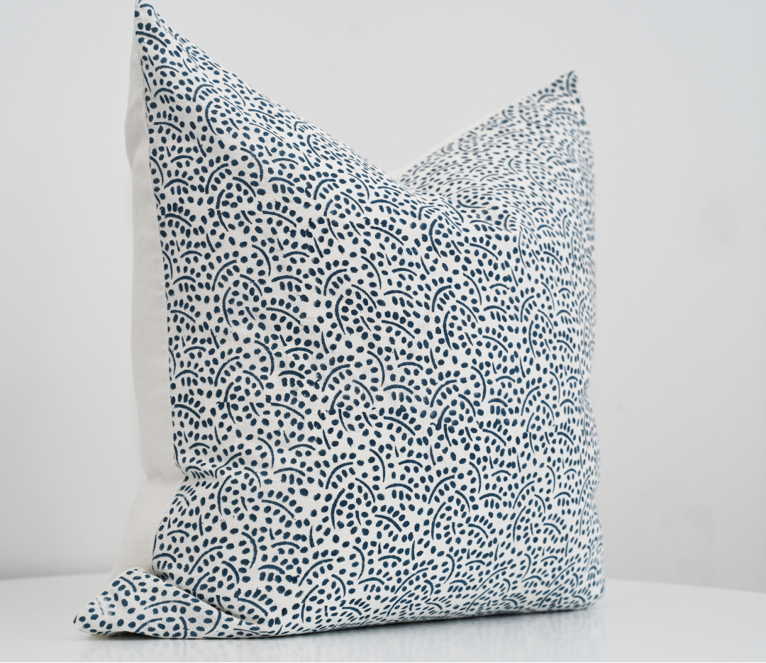 Abstract Blue Block Print Square Linen Cushion Cover Only
