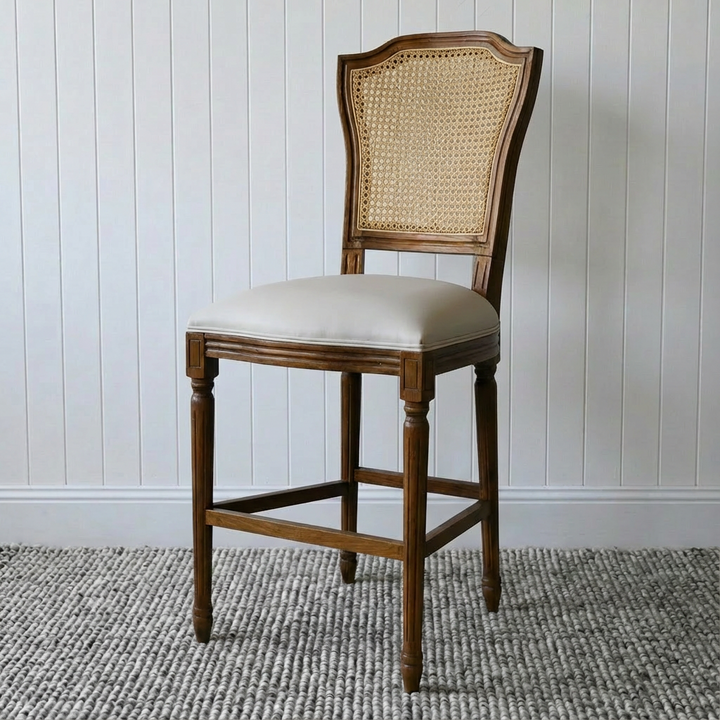 April Luxury Upholstered Leather Kitchen Stool Natural Oak Oatmeal Leather 48cm wide x 56cm deep x 106.5cm high Seat height approx. 66cm