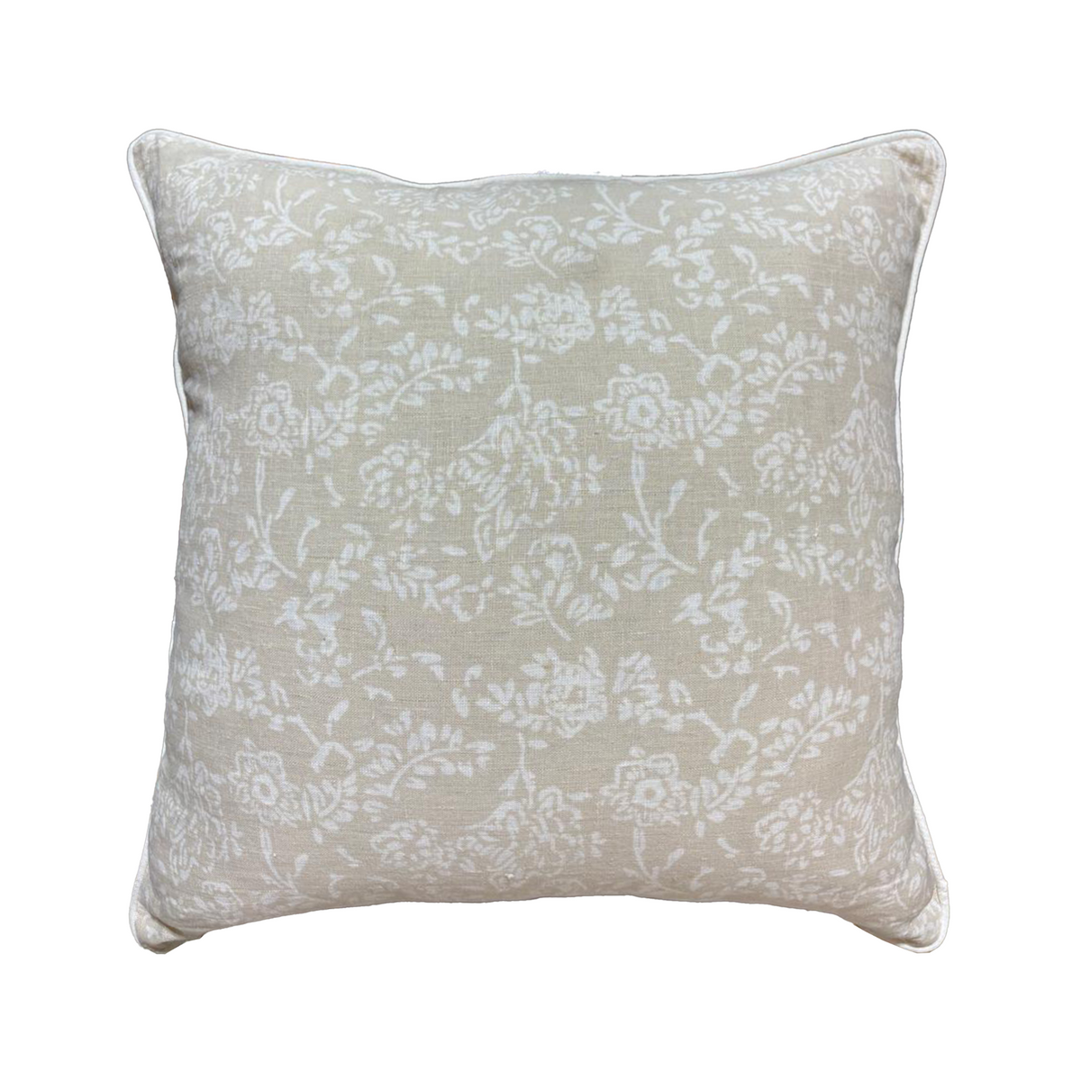 Oatmeal and white floral  linen square cushion 