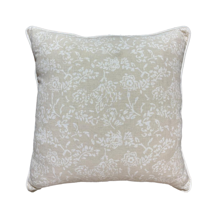 Oatmeal and white floral  linen square cushion 