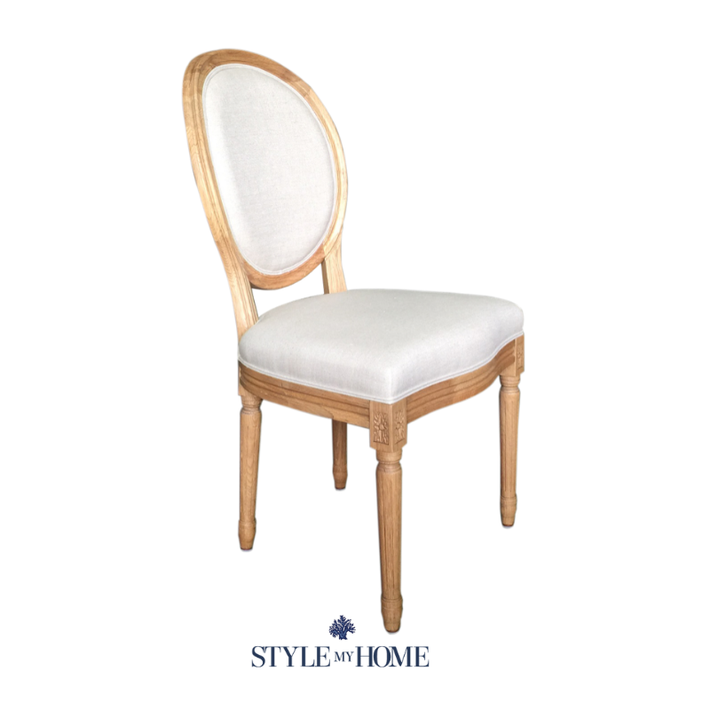 oat framed chair with a padded linen back rest and seat.  French Hamptons by Style My Home Australia