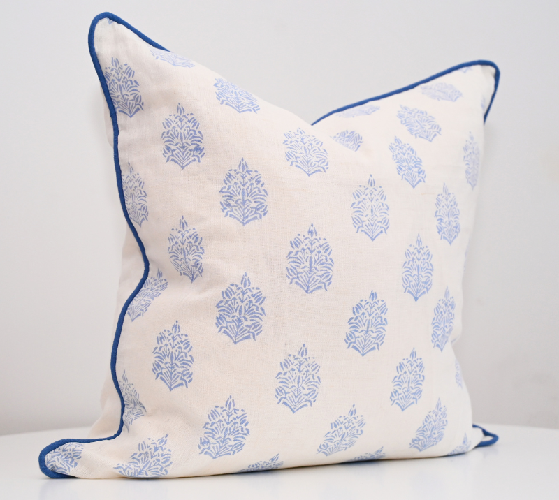 Blue Motif Block Print Linen Cushion