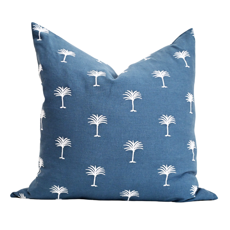 Palm Tree Blue Linen Square Cushion