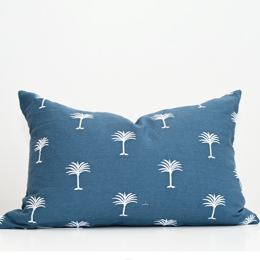 Palm Tree Navy Linen Lumbar Cushion - Cover Only