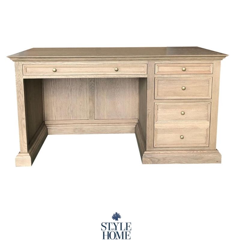Large oak desk with amply storage.  Brass knobs, classic style, moulding around drawers.  Style My Home Australia