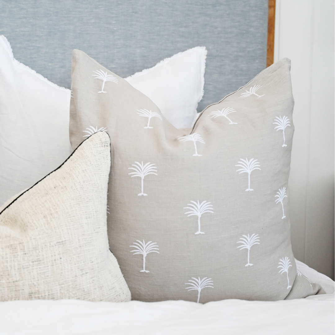 Palm Tree White/ Oatmeal Square Cushion - Cover Only