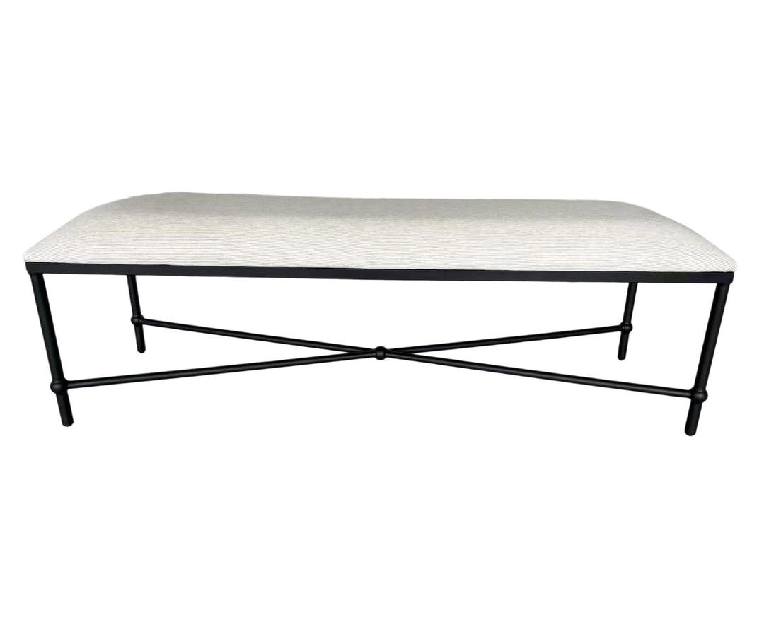 Cambridge Iron and Linen Cross Leg Large Bench Pinstripe Oatmeal 150cm wide x 46cm deep x 49cm high