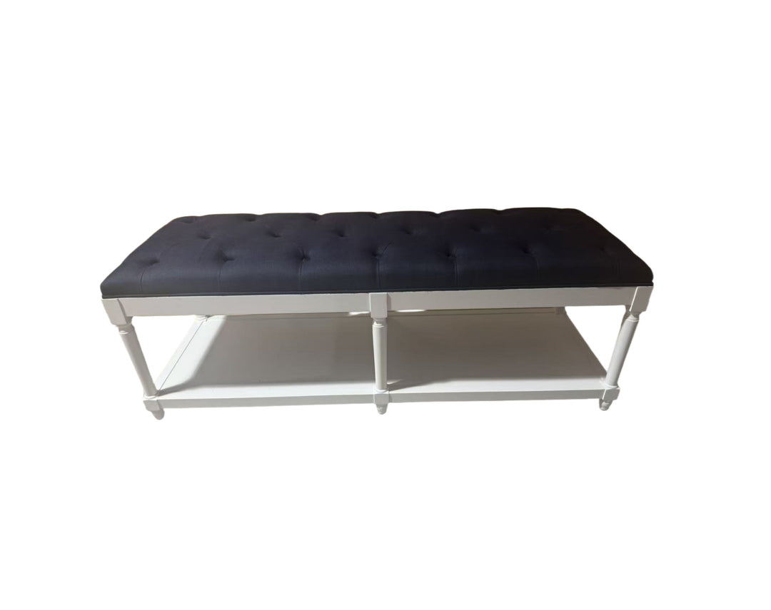 Antoinette Linen Upholstered Oak Bench Seat Satin White Navy 150cm wide x 50cm deep x 53cm high