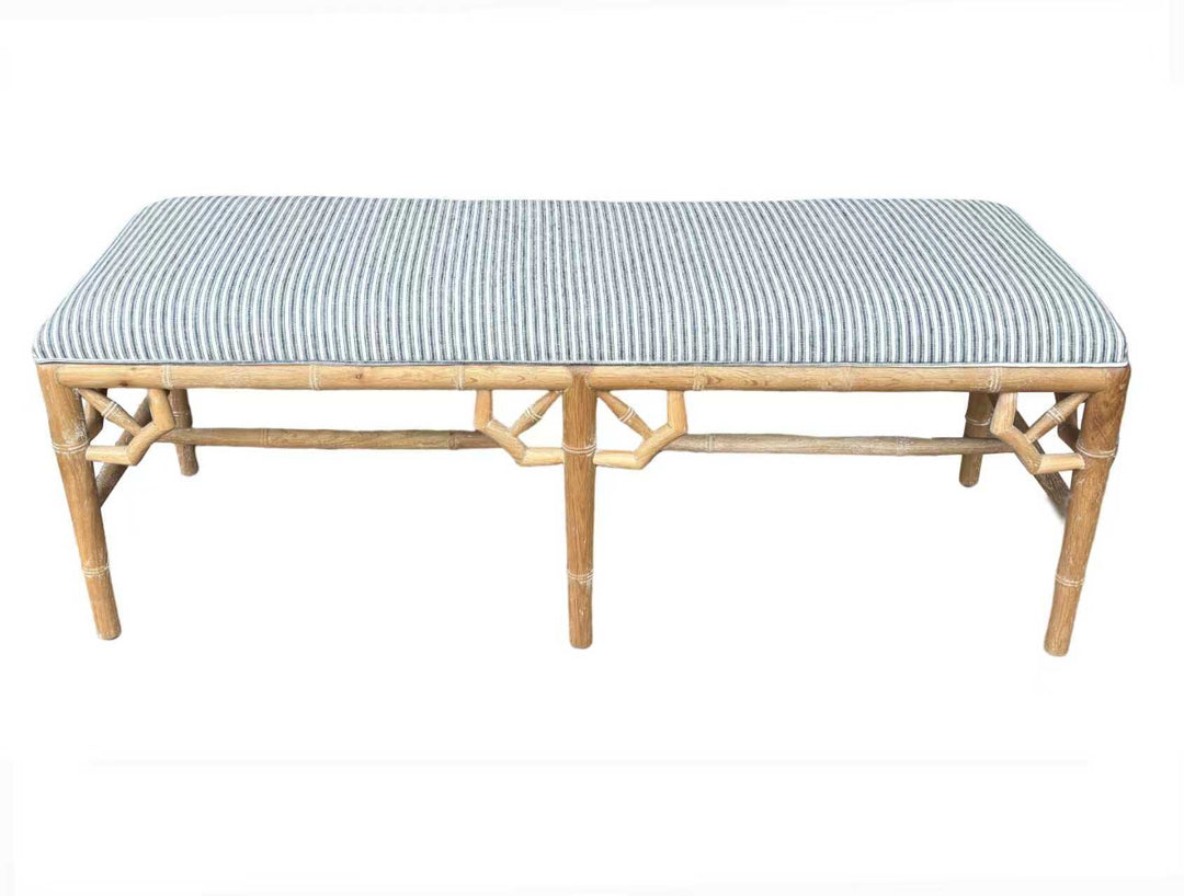 Raffles Linen Upholstered Oak Bench Seat Whitewash Oak Stripe Navy Blue 135cm wide x 45cm deep x 49cm high
