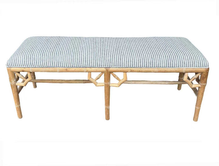 Raffles Linen Upholstered Oak Bench Seat Whitewash Oak Stripe Navy Blue 135cm wide x 45cm deep x 49cm high