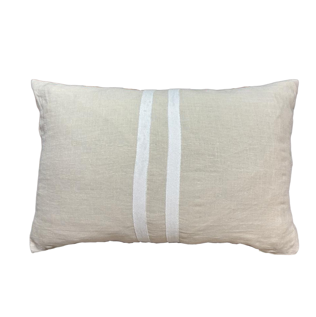 Oatmeal linen lumbar cushion with white stripe