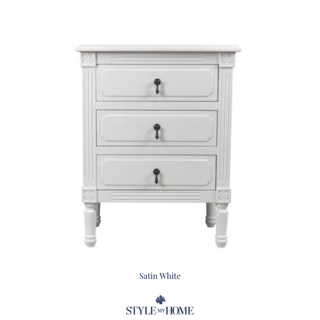 three drawer hamptons bedside table white