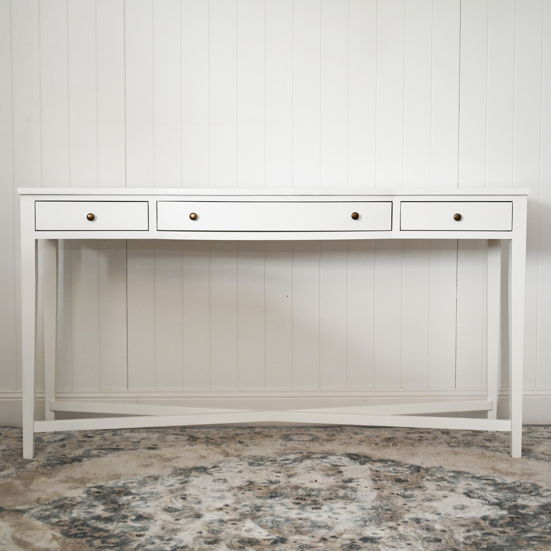 Asher Three Drawer Console Table Satin White 160cm wide x 45cm deep x 86cm high
