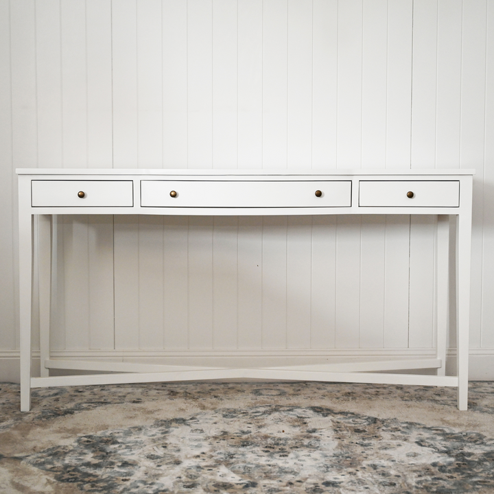 Asher Three Drawer Console Table Satin White 160cm wide x 45cm deep x 86cm high