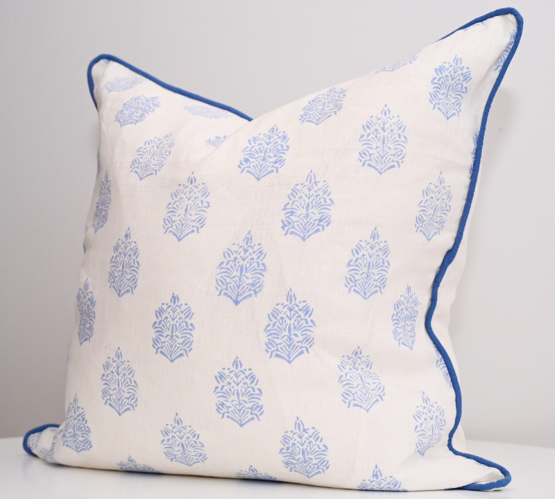Blue Motif Block Print Linen Cushion