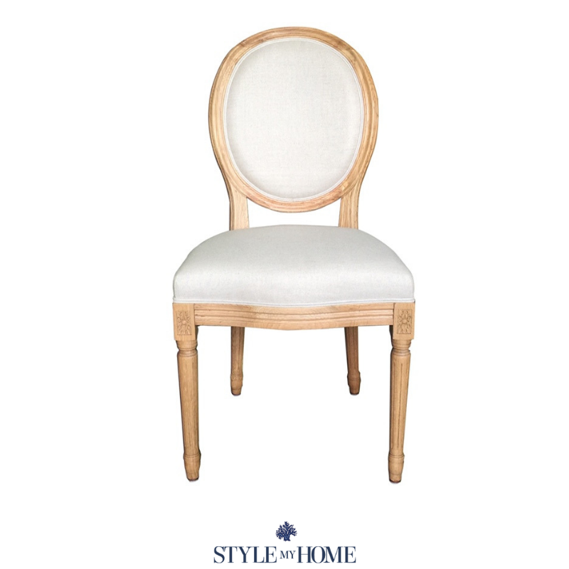 oat framed chair with a padded linen back rest and seat. French Hamptons by Style My Home Australia