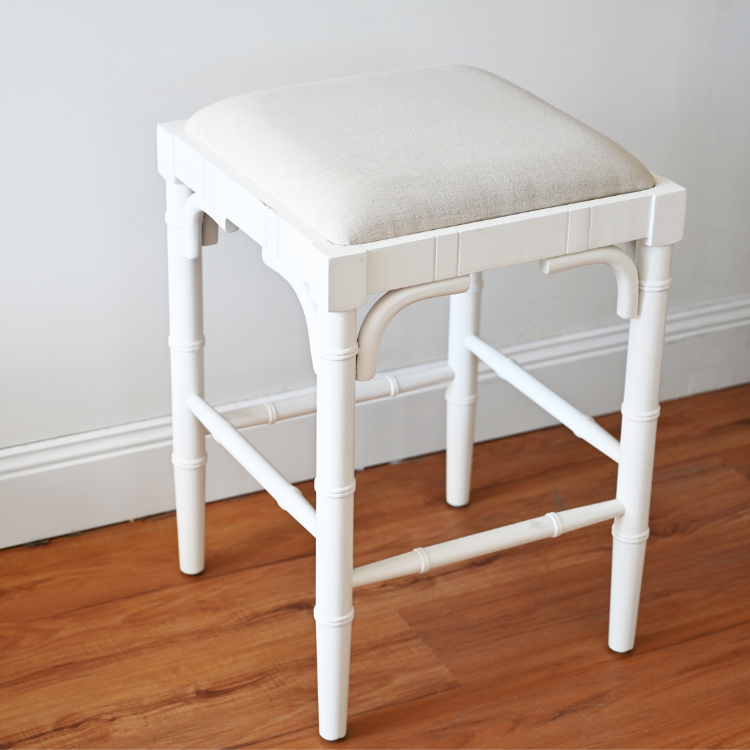 Traditional Chippendale Backless Stool With Padded Linen Seat Satin White Oatmeal