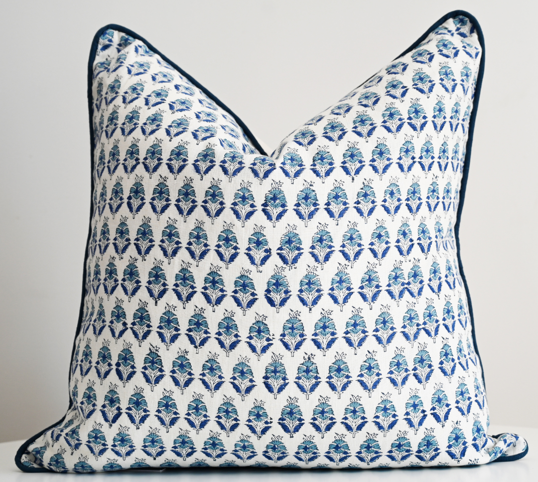 Floral Motif Block Print Square Linen Cushion Cover Only