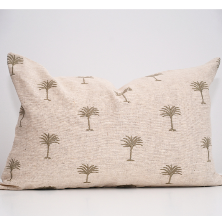 Palm Tree Oatmeal Linen Lumbar Cushion