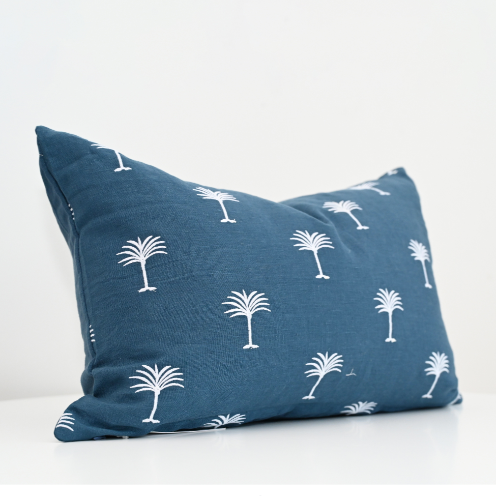 Palm Tree Navy Linen Lumbar Cushion - Cover Only