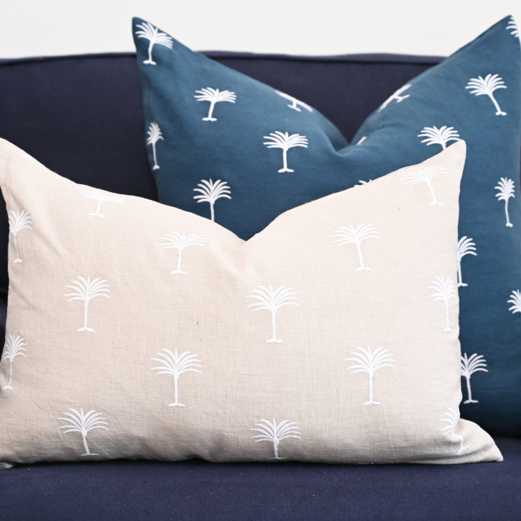 Palm Tree Blue Linen Square Cushion