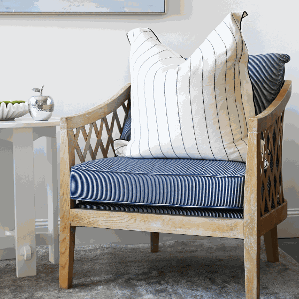 Lattice Oak And Linen Armchair Oak Pinstripe Navy and White