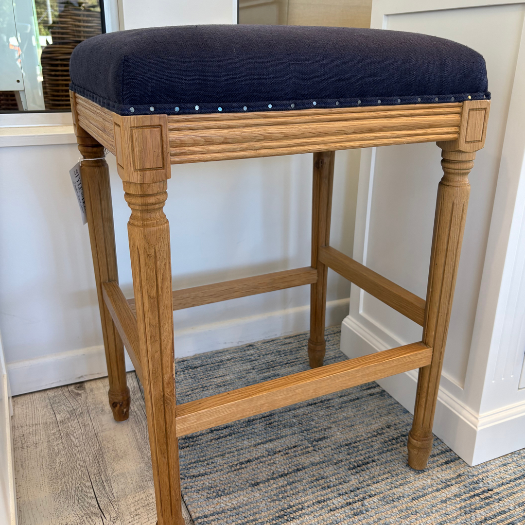 April Backless Stool With Padded Linen Seat Natural Oak Navy
