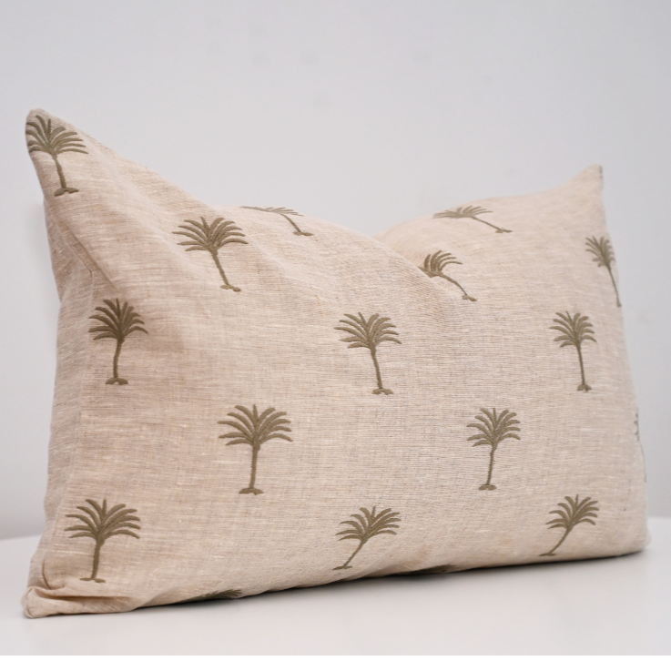 Palm Tree Oatmeal Linen Lumbar Cushion
