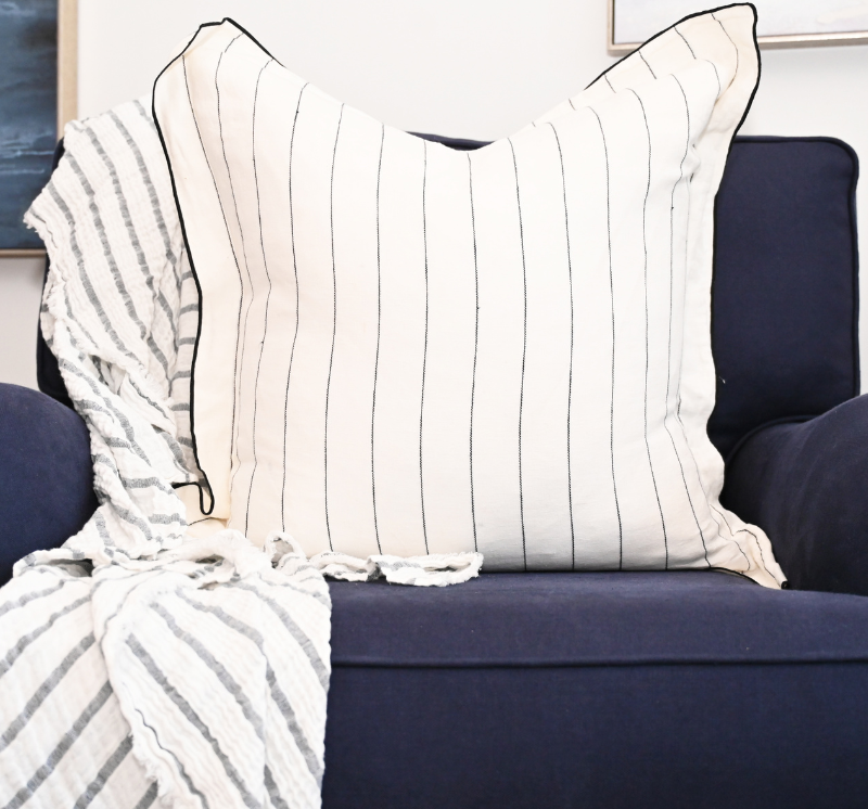 Tamarama White & Blue Stripe Square Linen Cushion Cover Only