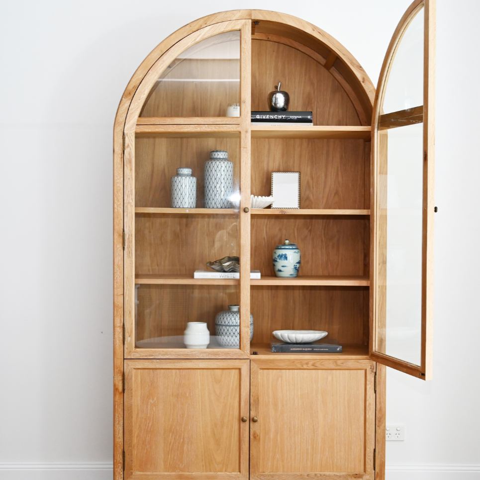 Arch Glass Display Cabinet Whitewash Oak 120cm wide x 45cm deep x 224cm high
