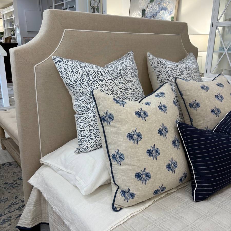 Scarlett Linen Bedhead with white piping Oatmeal White Piping