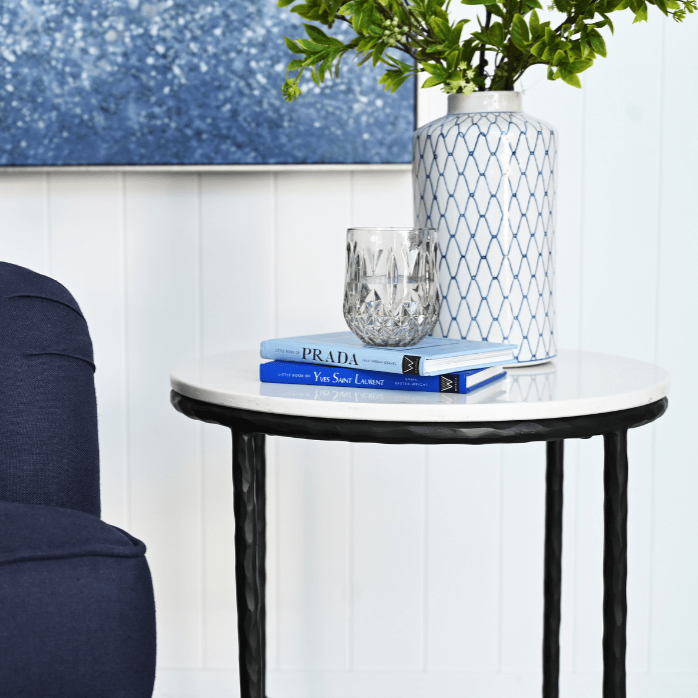 Soho Forged Black Leg Side Table With Carrera Marble