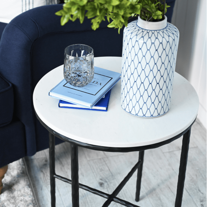 Soho Forged Black Leg Side Table With Carrera Marble