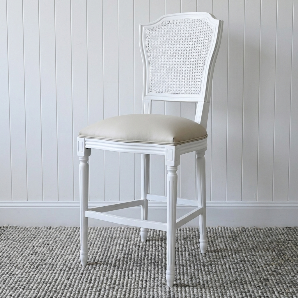 April Luxury Upholstered Leather Kitchen Stool Satin White Oatmeal Leather 48cm wide x 56cm deep x 106.5cm high Seat height approx. 66cm