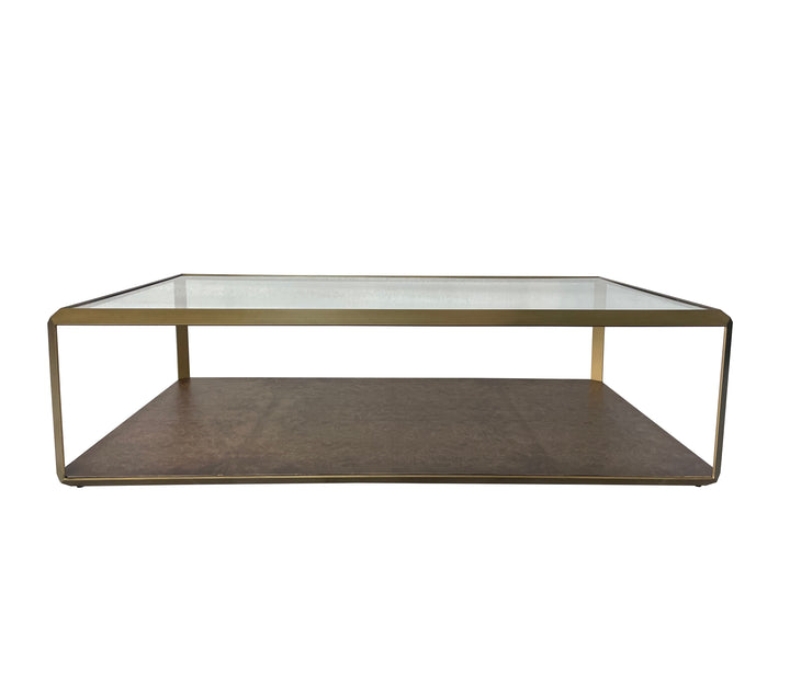 Leon Burl Wood and Brass Rectangular Coffee Table With Glass
