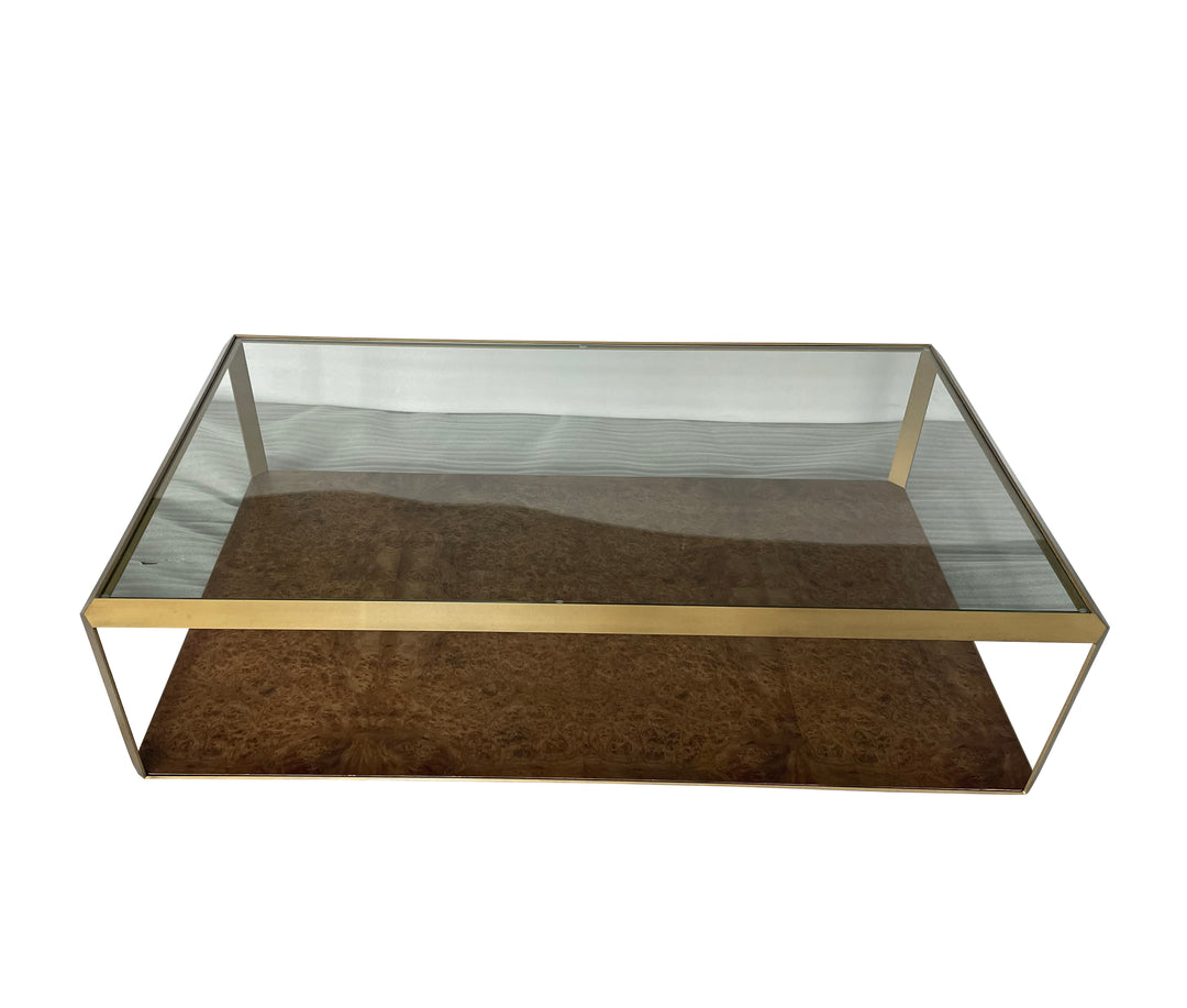 Leon Burl Wood and Brass Rectangular Coffee Table With Glass