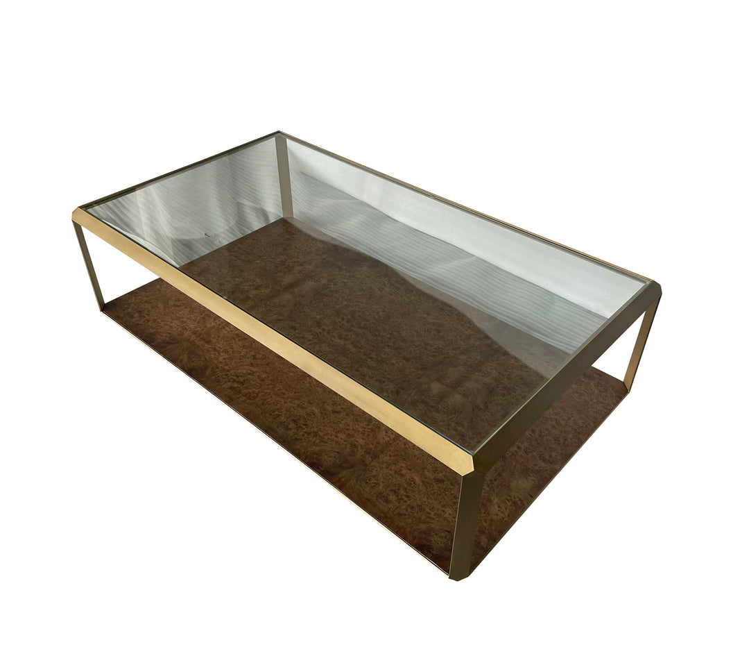 Leon Burl Wood and Brass Rectangular Coffee Table With Glass
