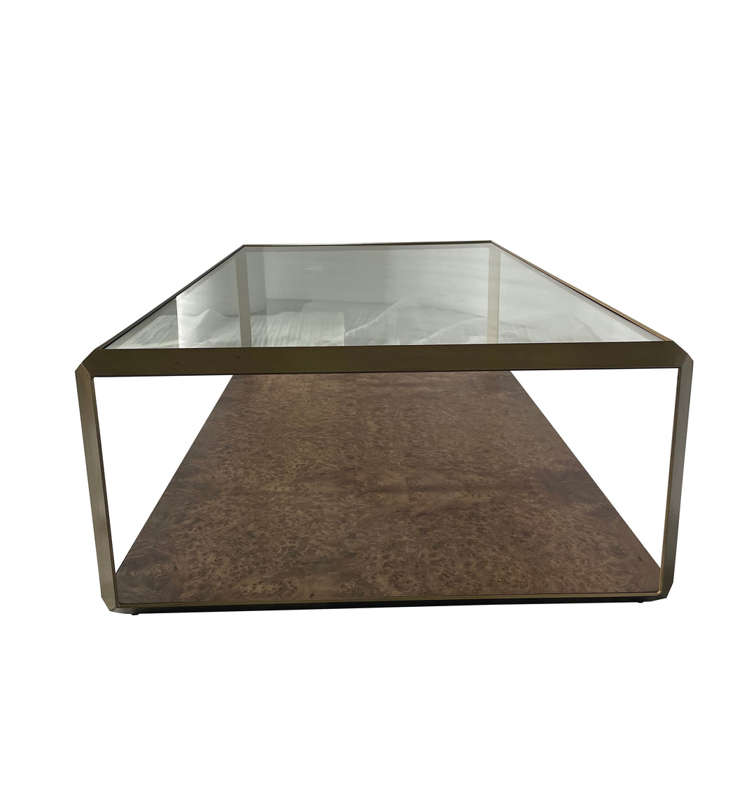Leon Burl Wood and Brass Rectangular Coffee Table With Glass