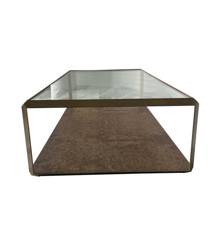 Leon Burl Wood and Brass Rectangular Coffee Table With Glass