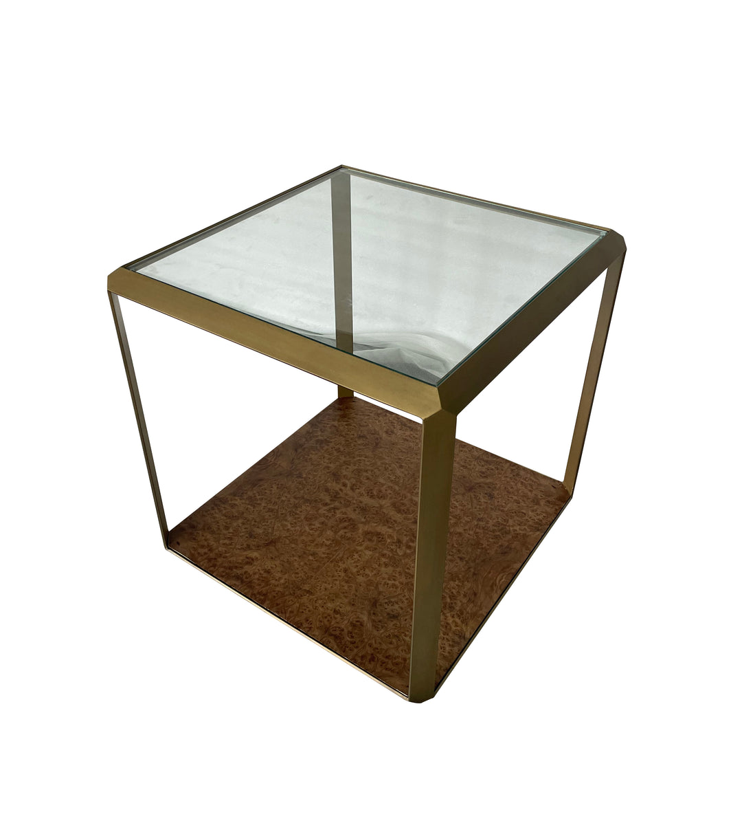 Leon Burl Wood and Brass Side Table With Glass