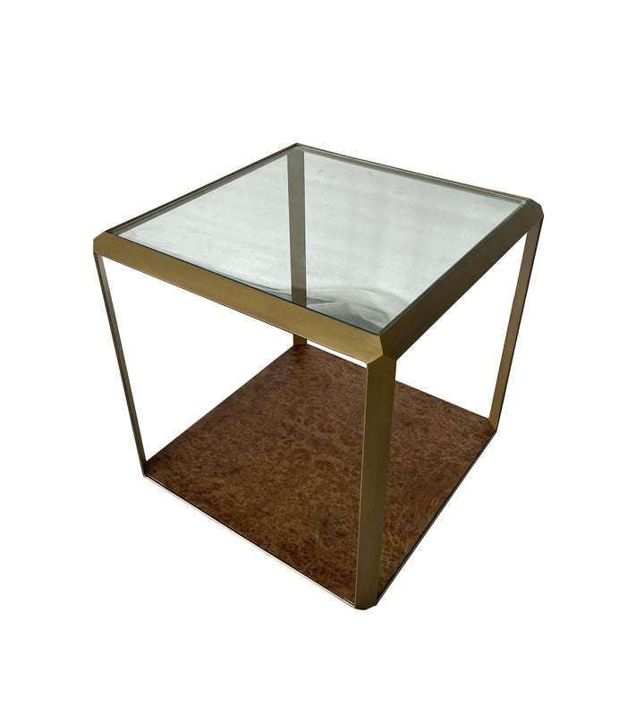 Leon Burl Wood and Brass Side Table With Glass