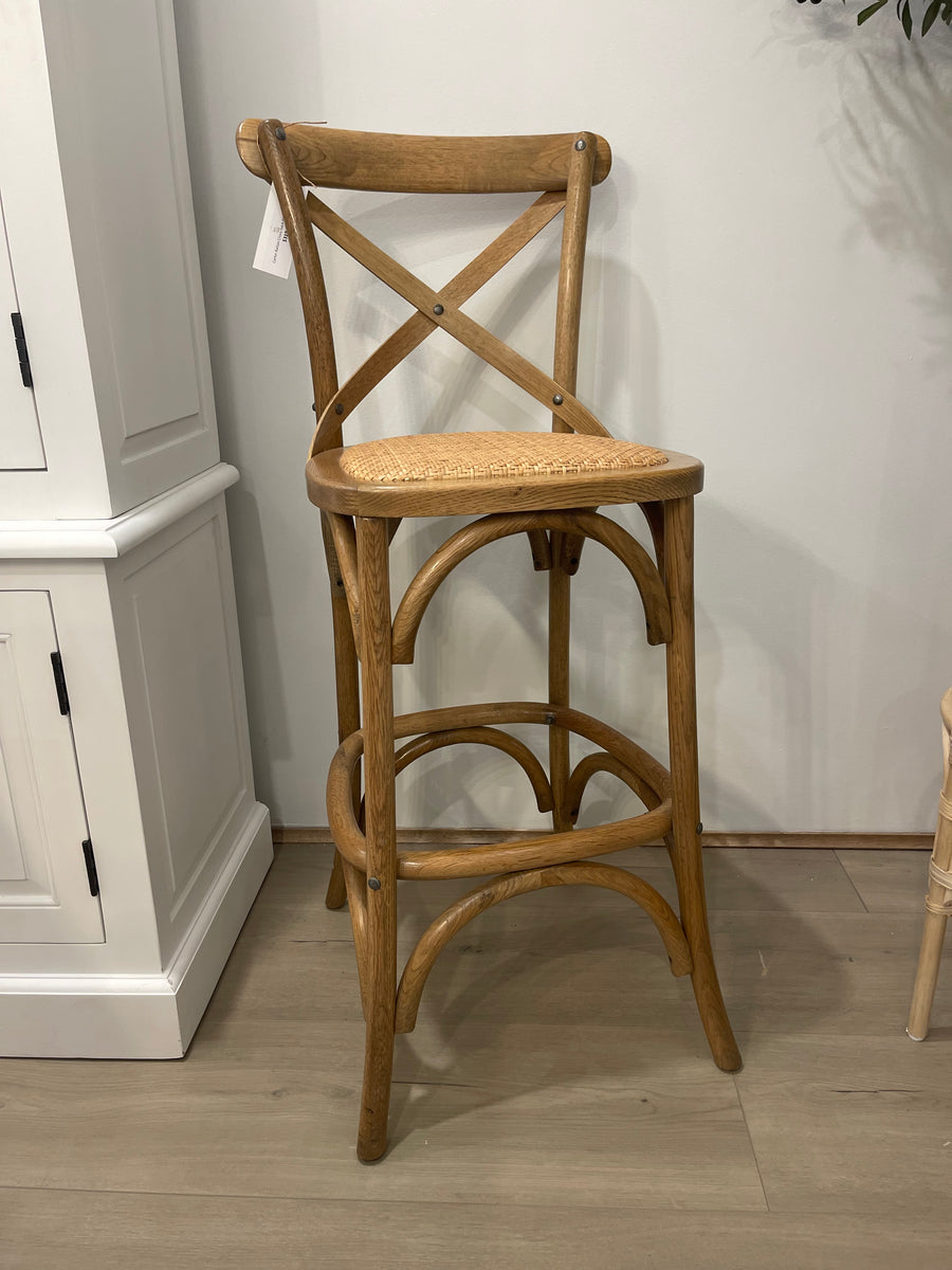 Carter Rattan Cross-back Kitchen Stool in Oak - Sydney Floorstock