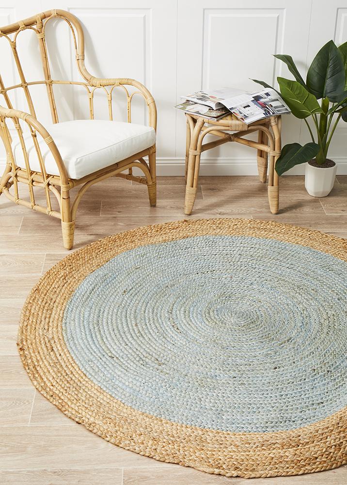 Jute Natural Round Rug Blue