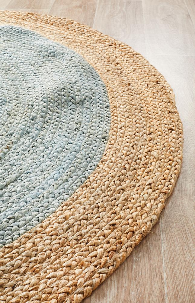 Jute Natural Round Rug Blue