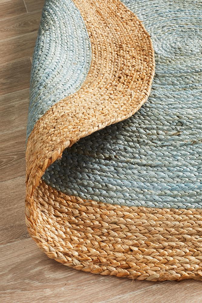 Jute Natural Round Rug Blue