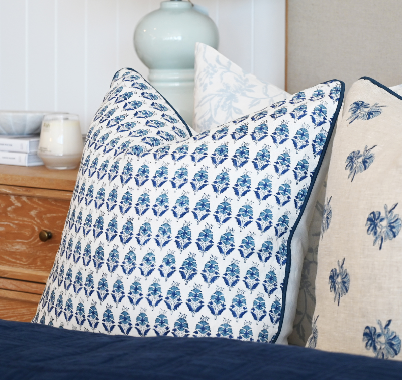 Floral Motif Block Print Square Linen Cushion Cover Only