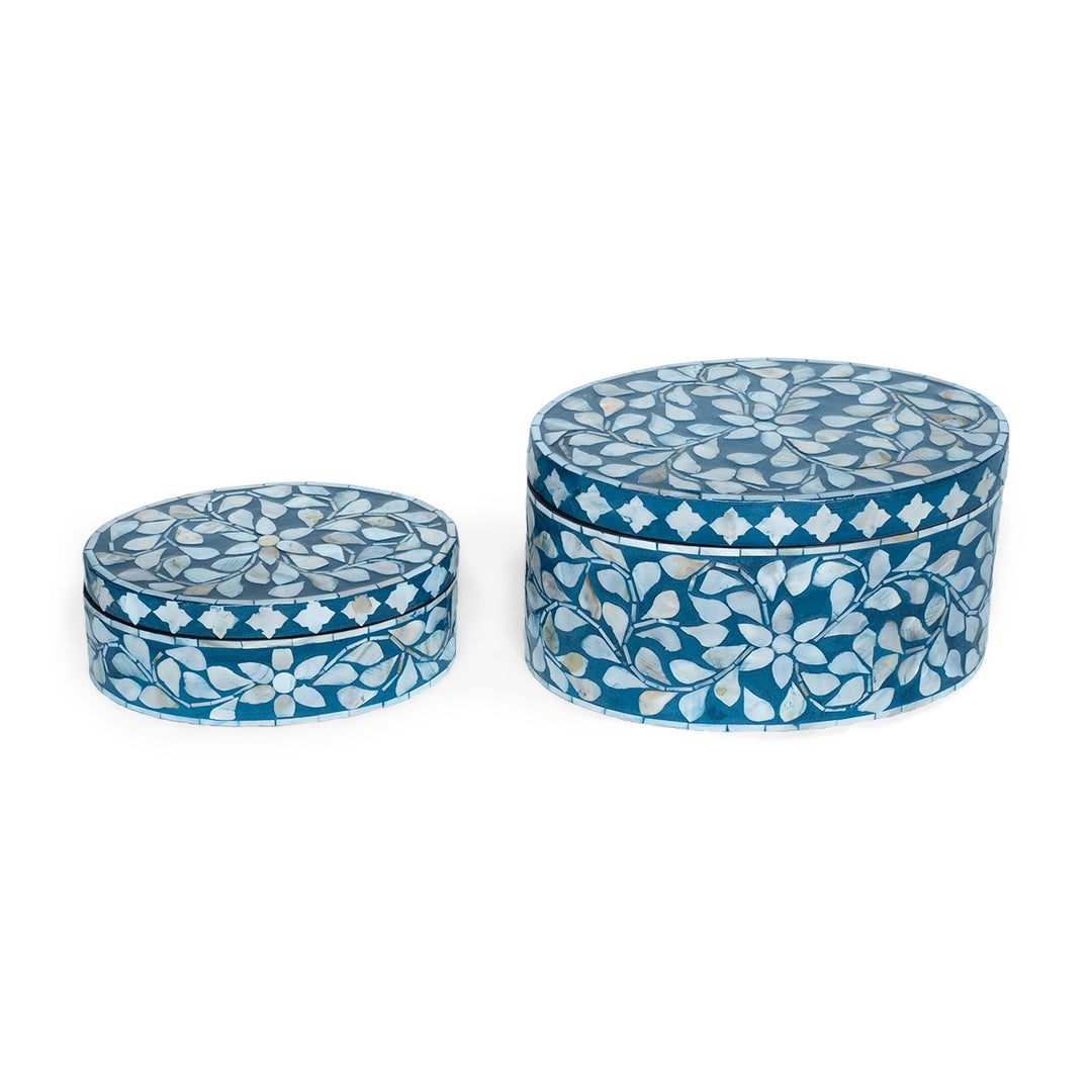 Floral Blue Mother of Pearl Oval Trinket Box Set