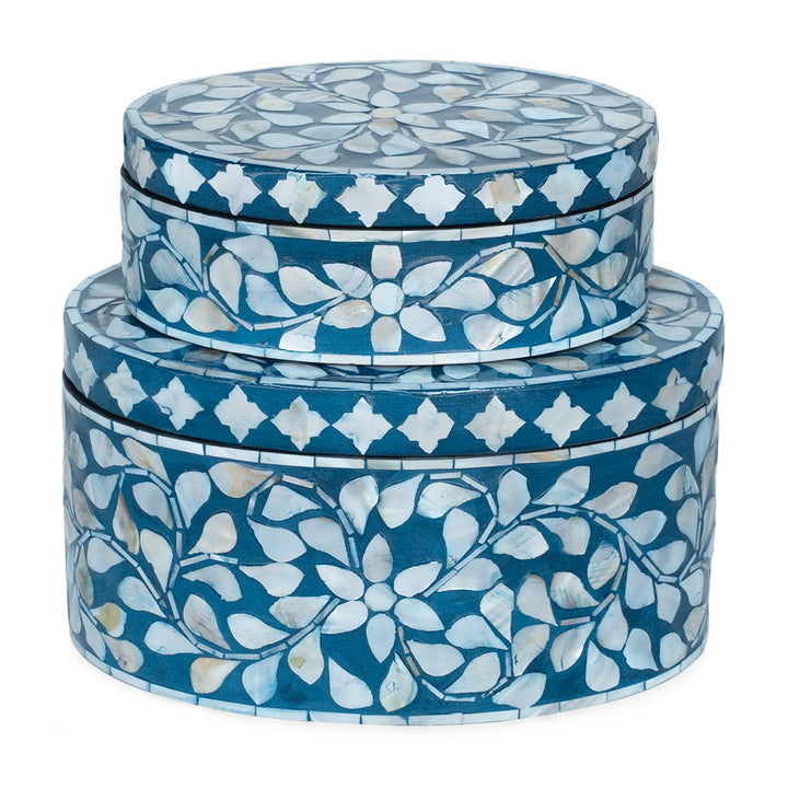 Floral Blue Mother of Pearl Oval Trinket Box Set