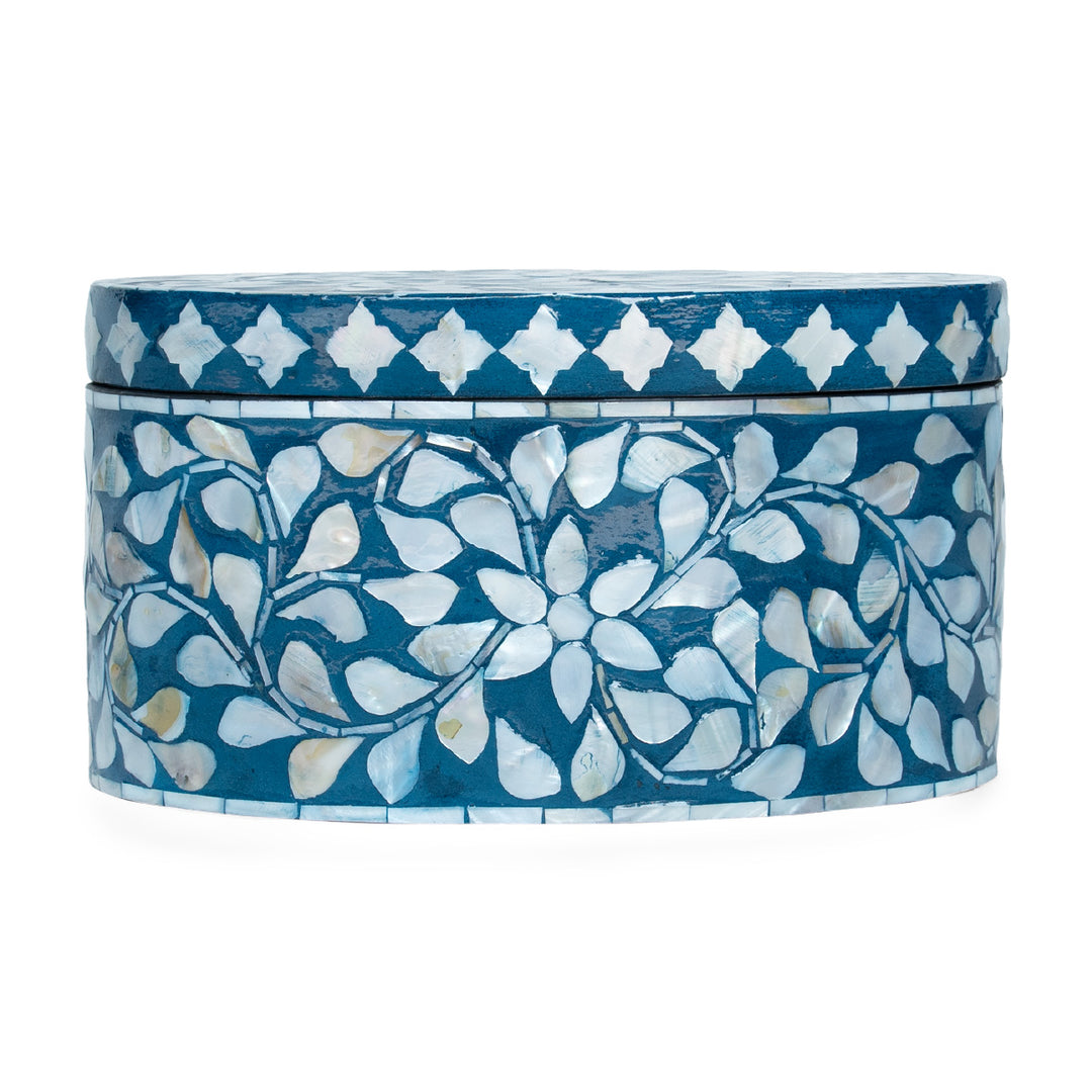 Floral Blue Mother of Pearl Oval Trinket Box Set