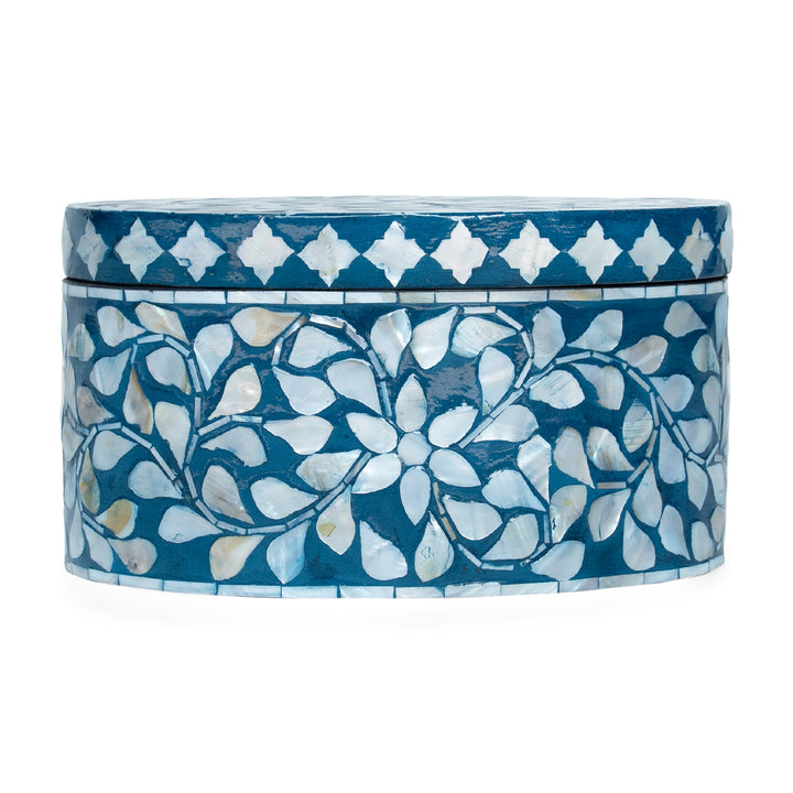 Floral Blue Mother of Pearl Oval Trinket Box Set